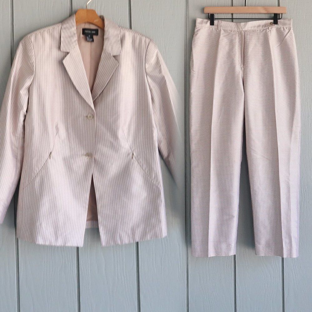 100% SILK Cream/Tan Checked Women's Suit Pants & Jacket Set